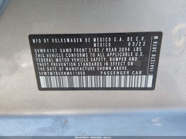 Auction sale of the 2022 Volkswagen Jetta 1.5t Se, vin: 3VW7M7BUXNM011858, lot number: 45764270