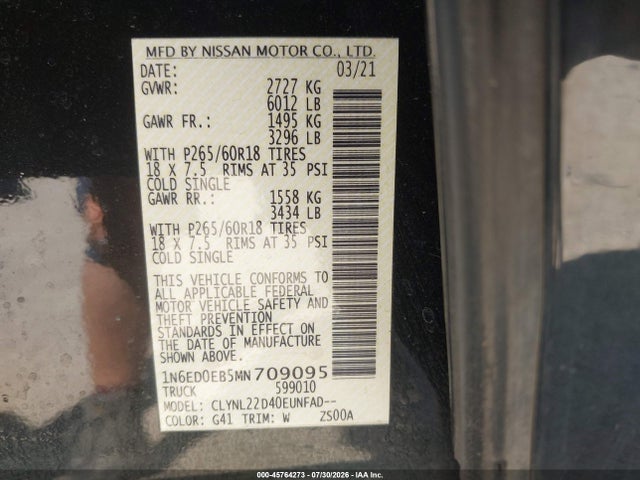 Продажа на аукционе авто 2021 Nissan Frontier Sv 4x4, vin: 1N6ED0EB5MN709095, номер лота: 45764273