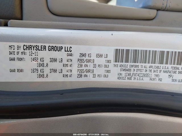 45764290 :رقم المزاد ، 1C4RJFAT4CC203511 vin ، 2012 Jeep Grand Cherokee Laredo مزاد بيع