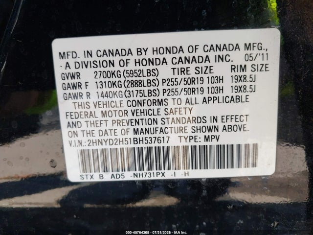 45764305 :رقم المزاد ، 2HNYD2H51BH537617 vin ، 2011 Acura Mdx Advance Package مزاد بيع
