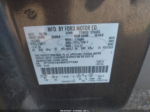 Aukcja sprzedaży 2006 Ford F-150 Fx4/lariat/xlt, vin: 1FTPW14V96KD77240, numer aukcji: 45764307