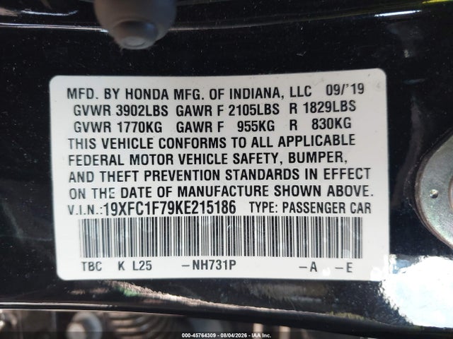 Aukcja sprzedaży 2019 Honda Civic Ex-l, vin: 19XFC1F79KE215186, numer aukcji: 45764309