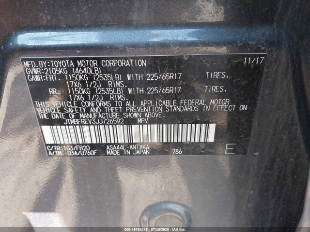 45764317 :رقم المزاد ، JTMBFREV3JJ726592 vin ، 2018 Toyota Rav4 Le مزاد بيع