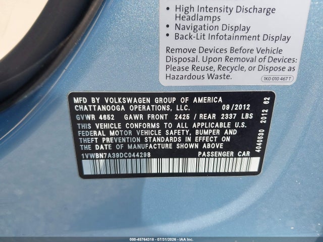 Продажа на аукционе авто 2013 Volkswagen Passat 2.0l Tdi Se, vin: 1VWBN7A39DC044298, номер лота: 45764318