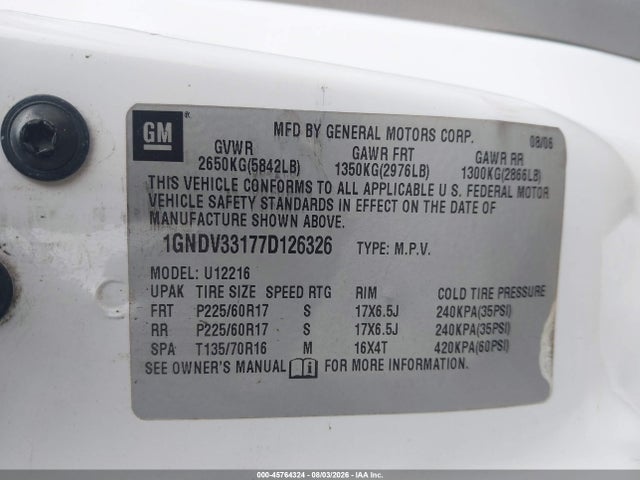 Продаж на аукціоні авто 2007 Chevrolet Uplander Lt W/2lt, vin: 1GNDV33177D126326, номер лоту: 45764324
