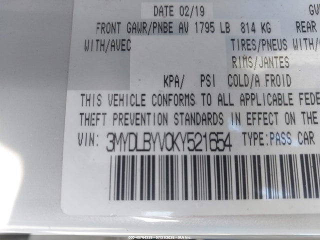 3MYDLBYV0KY521654 Toyota YARIS LE