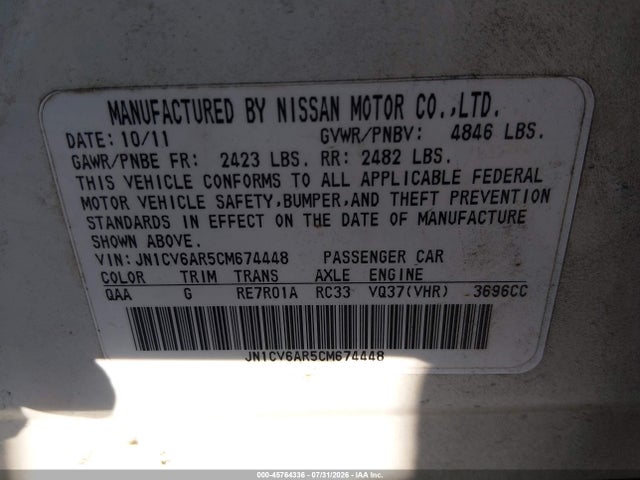Aukcja sprzedaży 2012 Infiniti G37x, vin: JN1CV6AR5CM674448, numer aukcji: 45764336