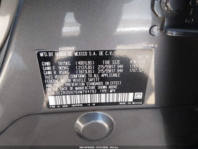 Honda Hr-v Ex-l 2017 3CZRU5H76HM704782 Image 9