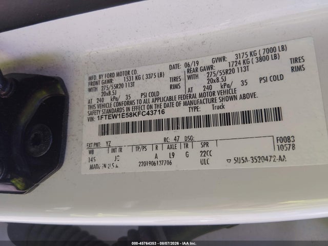 Aukcja sprzedaży 2019 Ford F-150 Xl, vin: 1FTEW1E58KFC43716, numer aukcji: 45764353