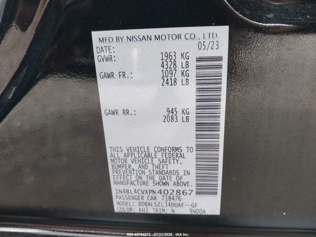 45764372 :رقم المزاد ، 1N4BL4CVXPN402867 vin ، 2023 Nissan Altima Sr Fwd مزاد بيع
