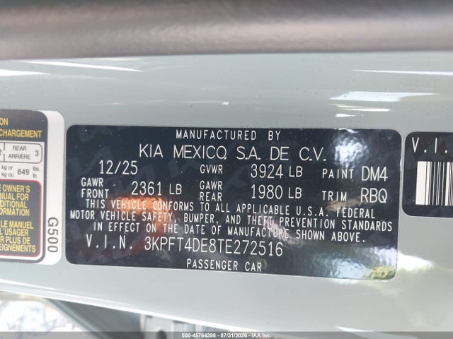 Продажа на аукционе авто 2026 Kia K4 Lxs, vin: 3KPFT4DE8TE272516, номер лота: 45764398
