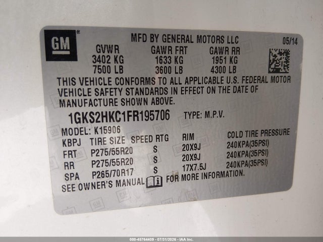 Продаж на аукціоні авто 2015 Gmc Yukon Xl 1500 Slt, vin: 1GKS2HKC1FR195706, номер лоту: 45764409