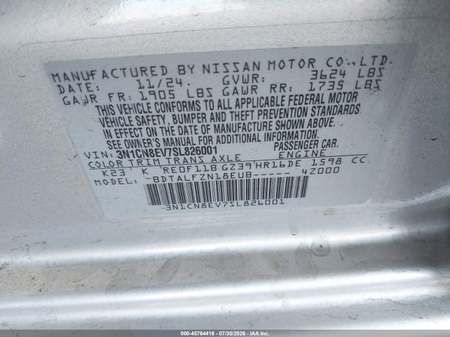 Aukcja sprzedaży 2025 Nissan Versa 1.6 Sv, vin: 3N1CN8EV7SL826001, numer aukcji: 45764416