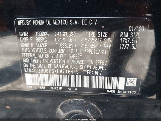Продажа на аукционе авто 2020 Honda Hr-v Awd Lx, vin: 3CZRU6H3XLM716445, номер лота: 45764415