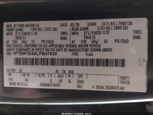 Aukcja sprzedaży 2020 Ford F-150 Lariat, vin: 1FTEW1E4XLFB47630, numer aukcji: 45764417