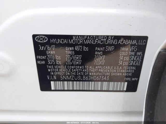 Aukcja sprzedaży 2018 Hyundai Santa Fe Sport 2.4l, vin: 5NMZU3LB6JH067343, numer aukcji: 45764424