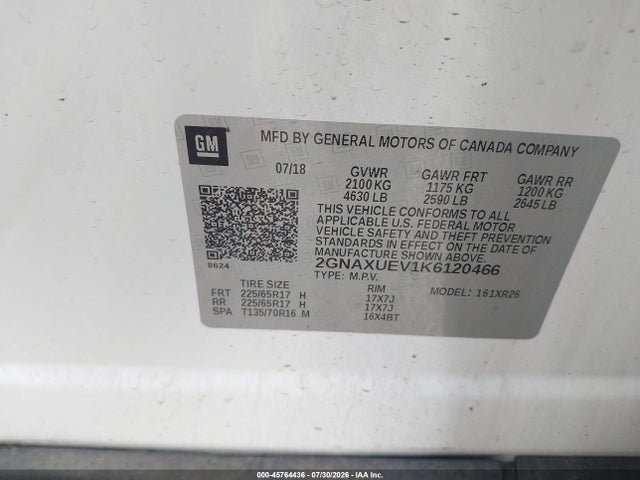 Aukcja sprzedaży 2019 Chevrolet Equinox Lt, vin: 2GNAXUEV1K6120466, numer aukcji: 45764436