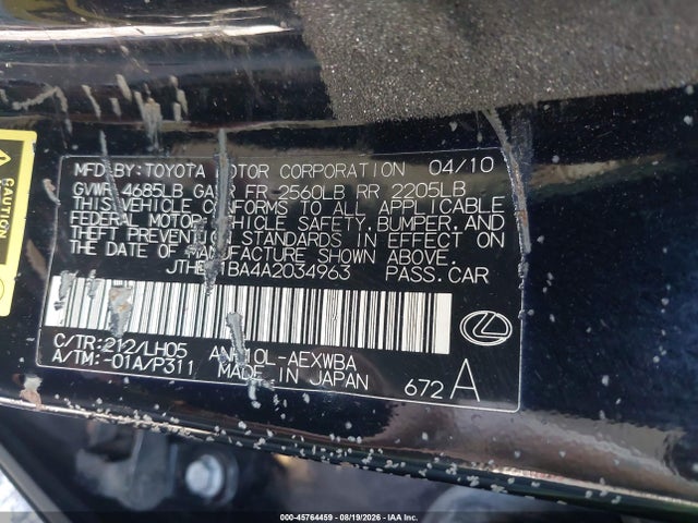45764459 :رقم المزاد ، JTHBB1BA4A2034963 vin ، 2010 Lexus Hs 250h Premium مزاد بيع