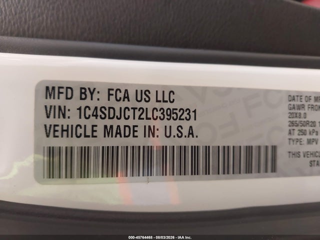 Продажа на аукционе авто 2020 Dodge Durango R/t Awd, vin: 1C4SDJCT2LC395231, номер лота: 45764468