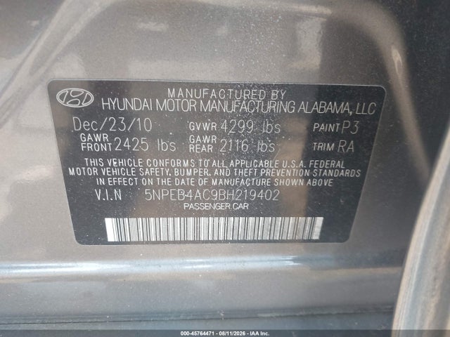 Aukcja sprzedaży 2011 Hyundai Sonata Gls, vin: 5NPEB4AC9BH219402, numer aukcji: 45764471