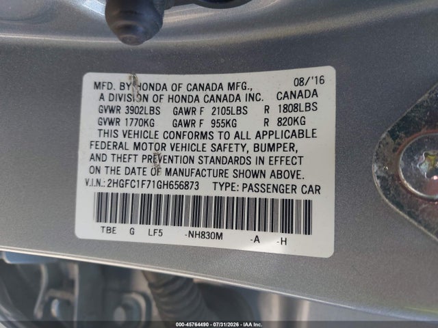 Aukcja sprzedaży 2016 Honda Civic Ex-l, vin: 2HGFC1F71GH656873, numer aukcji: 45764490