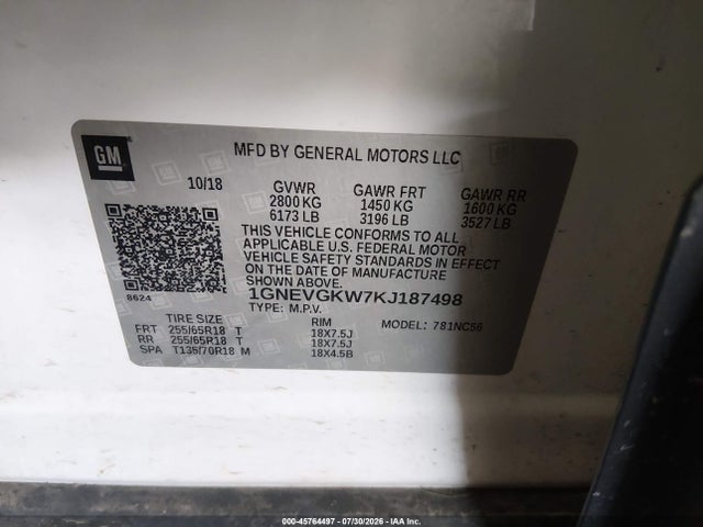 2019 Chevrolet Traverse 1lt მანქანა იყიდება აუქციონზე, vin: 1GNEVGKW7KJ187498, აუქციონის ნომერი: 45764497