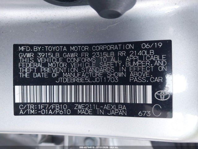 Aukcja sprzedaży 2020 Toyota Corolla Hybrid Le, vin: JTDEBRBE5LJ011703, numer aukcji: 45764519