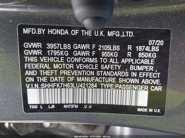 Honda CIVIC EX 2020 SHHFK7H63LU421284 Image 9