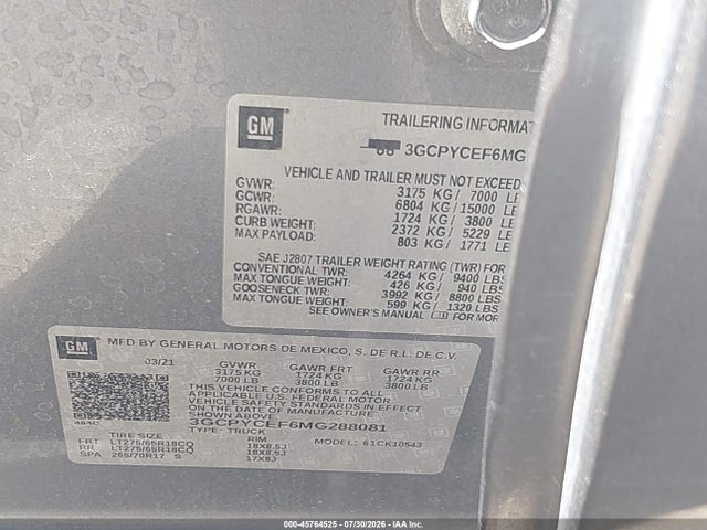 3GCPYCEF6MG288081 Chevrolet Silverado 1500 4wd Short Bed Custom Trail Boss
