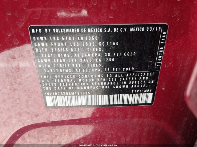 45764527 :رقم المزاد ، 3VV1B7AX9KM121825 vin ، 2019 Volkswagen Tiguan 2.0t S مزاد بيع