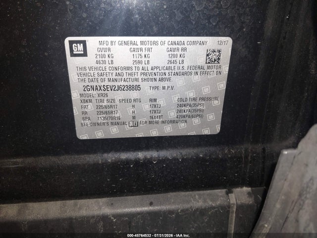 45764532 :رقم المزاد ، 2GNAXSEV2J6238805 vin ، 2018 Chevrolet Equinox Lt مزاد بيع