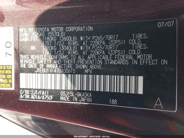 45764547 :رقم المزاد ، JTEBU11F470100615 vin ، 2007 Toyota Fj Cruiser مزاد بيع