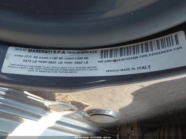 2019 Maserati Ghibli S Q4 მანქანა იყიდება აუქციონზე, vin: ZAM57YTA5K1337499, აუქციონის ნომერი: 45764548