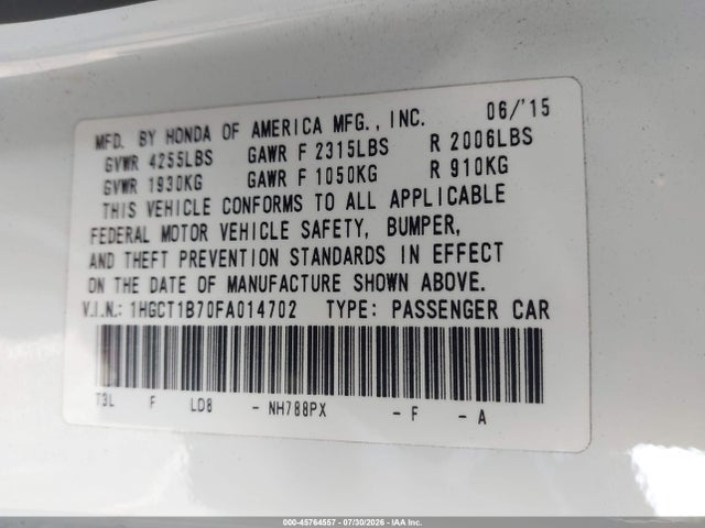 Honda ACCORD EX 2015 1HGCT1B70FA014702 Image 9