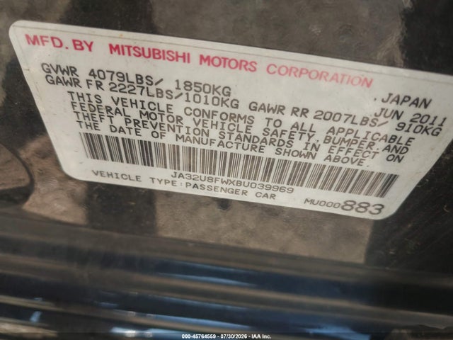 2011 Mitsubishi Lancer Gts მანქანა იყიდება აუქციონზე, vin: JA32U8FWXBU039969, აუქციონის ნომერი: 45764559