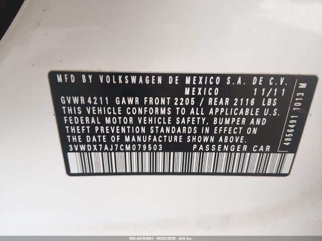 Aukcja sprzedaży 2012 Volkswagen Jetta 2.5l Se, vin: 3VWDX7AJ7CM079503, numer aukcji: 45764561