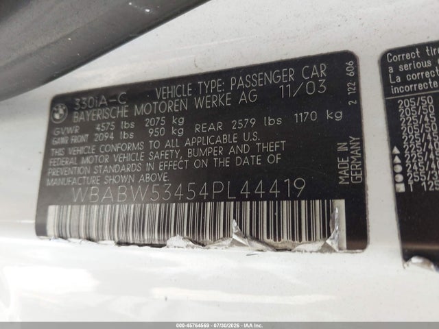 45764569 :رقم المزاد ، WBABW53454PL44419 vin ، 2004 Bmw 330ci مزاد بيع