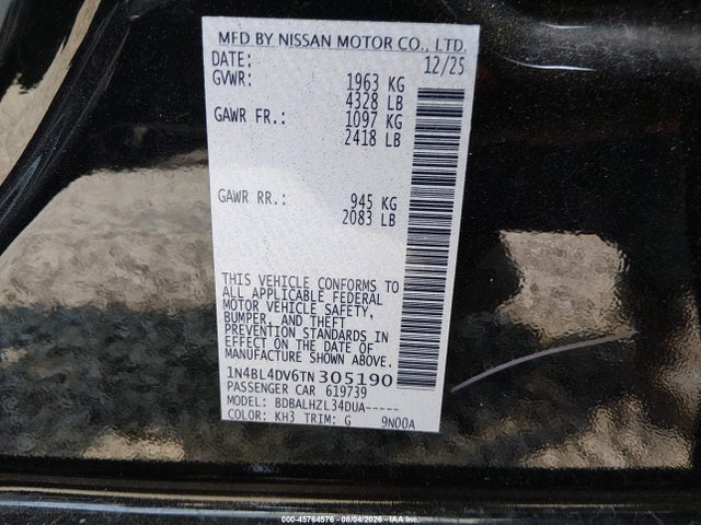 1N4BL4DV6TN305190 Nissan Altima Sv Fwd