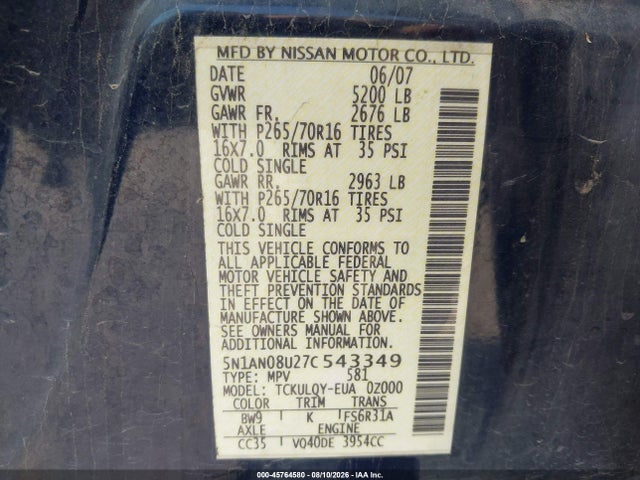 45764580 :رقم المزاد ، 5N1AN08U27C543349 vin ، 2007 Nissan Xterra X مزاد بيع