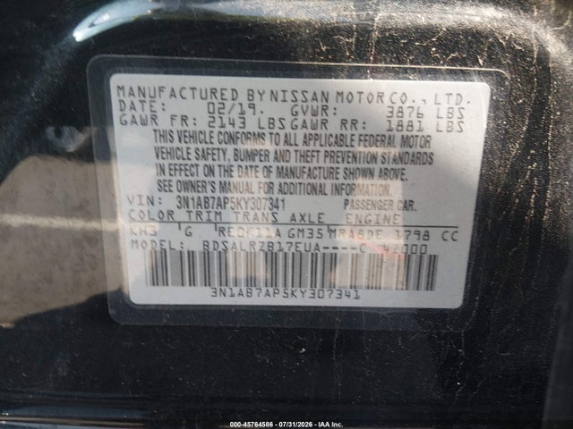 45764586 :رقم المزاد ، 3N1AB7AP5KY307341 vin ، 2019 Nissan Sentra Sr مزاد بيع