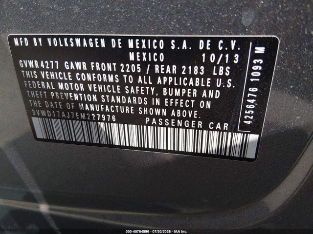 2014 Volkswagen Jetta 1.8t Se მანქანა იყიდება აუქციონზე, vin: 3VWD17AJ7EM227976, აუქციონის ნომერი: 45764596