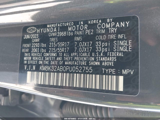 Aukcja sprzedaży 2023 Hyundai Kona Sel, vin: KM8K32AB0PU052755, numer aukcji: 45764602