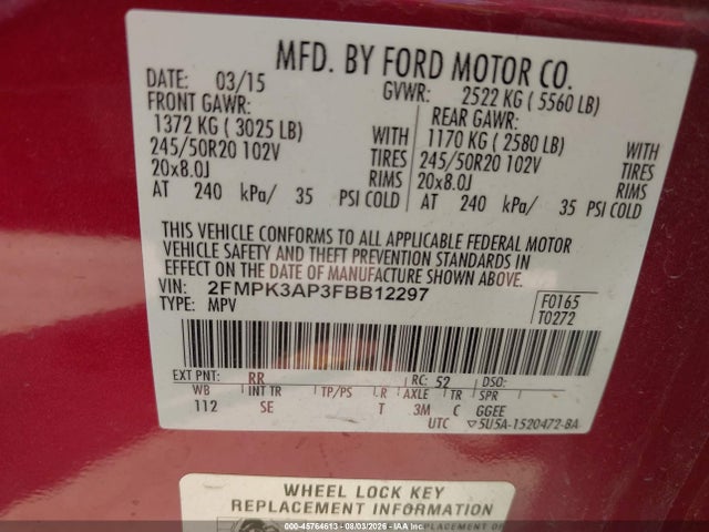 Ford EDGE SPORT 2015 2FMPK3AP3FBB12297 Image 9