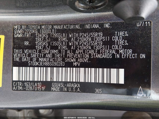 45764619 :رقم المزاد ، 5TDDK3EH8BS090283 vin ، 2011 Toyota Highlander Limited V6 مزاد بيع