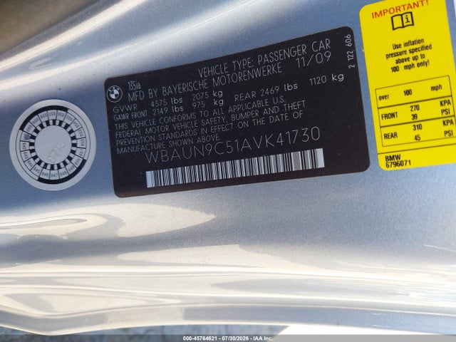 Продажа на аукционе авто 2010 Bmw 135i, vin: WBAUN9C51AVK41730, номер лота: 45764621