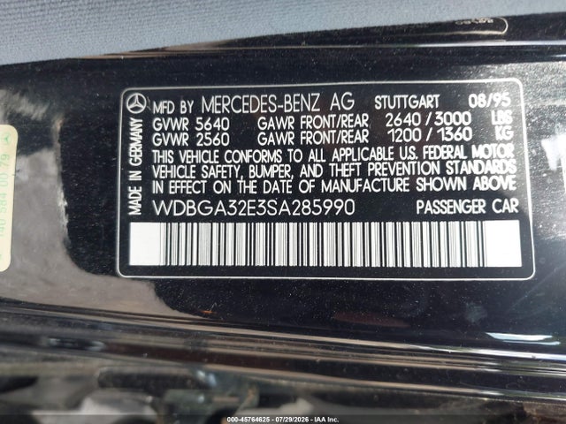 Продажа на аукционе авто 1995 Mercedes-benz S 320w, vin: WDBGA32E3SA285990, номер лота: 45764625