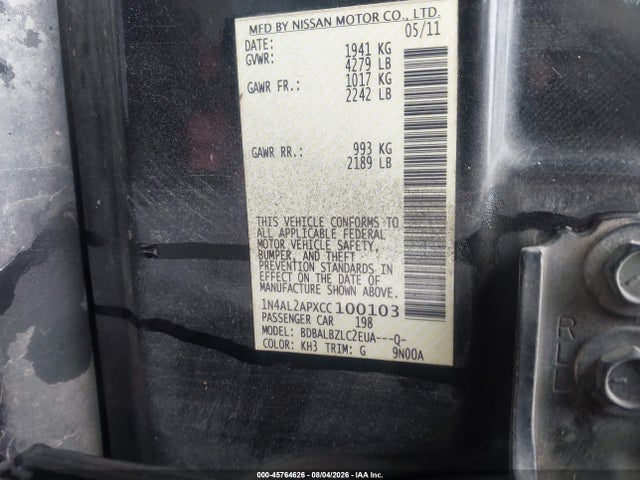 Продажа на аукционе авто 2012 Nissan Altima 2.5 S, vin: 1N4AL2APXCC100103, номер лота: 45764626