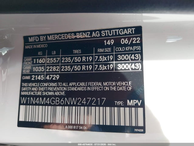 Aukcja sprzedaży 2022 Mercedes-benz Glb 250, vin: W1N4M4GB6NW247217, numer aukcji: 45764635