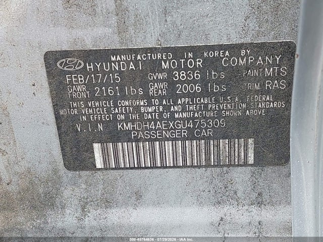 KMHDH4AEXGU475309 Hyundai ELANTRA SE