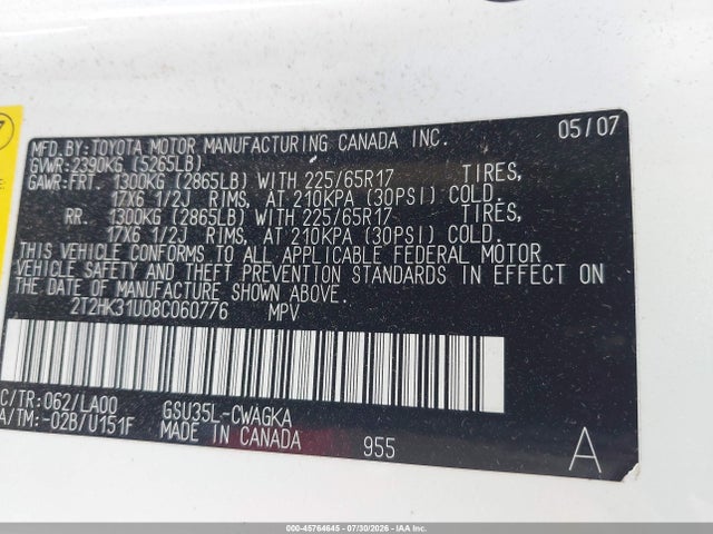 Aukcja sprzedaży 2008 Lexus Rx 350, vin: 2T2HK31U08C060776, numer aukcji: 45764645